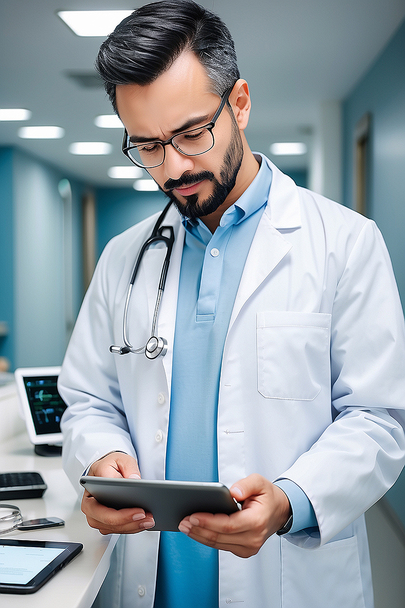 Photo of a doctor using a tablet device for patient data